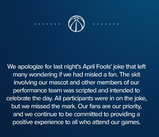 奇才愚人节玩笑引发球迷质疑，官方道歉并解释